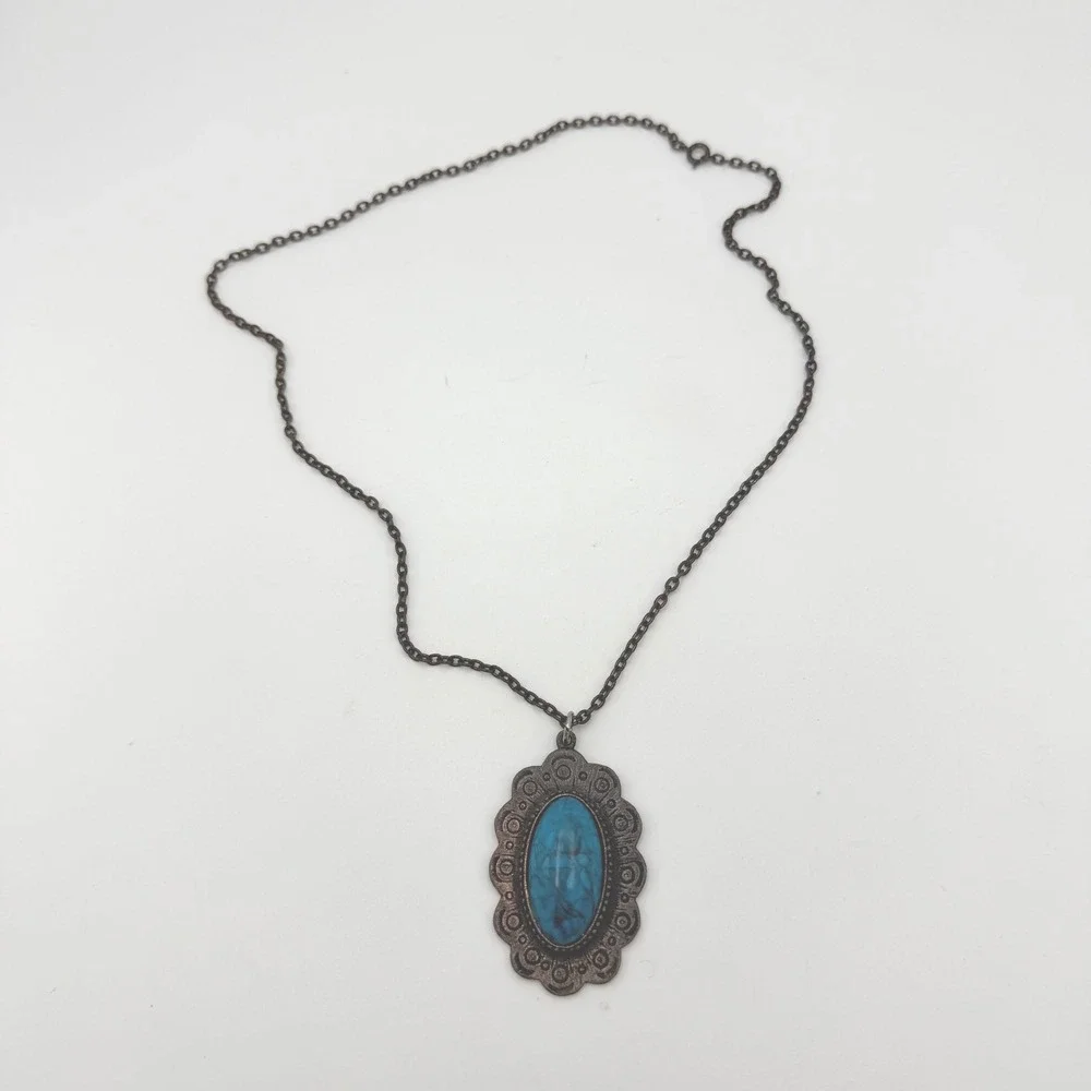 Necklace Womens Faux Turquoise Pendant Blue Boho Bronze
